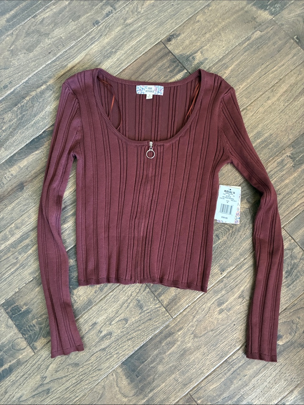 Pink Republic Burgundy Ribbed Long Sleeve Scoop Neck Top with O-Ring Zip